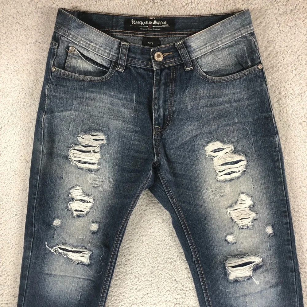 Bleecker & Mercer Mens Distressed Straight Leg Jeans Blue Ripped W32 L32